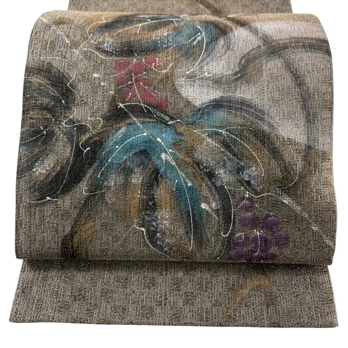 【美品】 袋帶 秀品級 葡萄 金絲 金色 大鼓圖案 純蠶絲