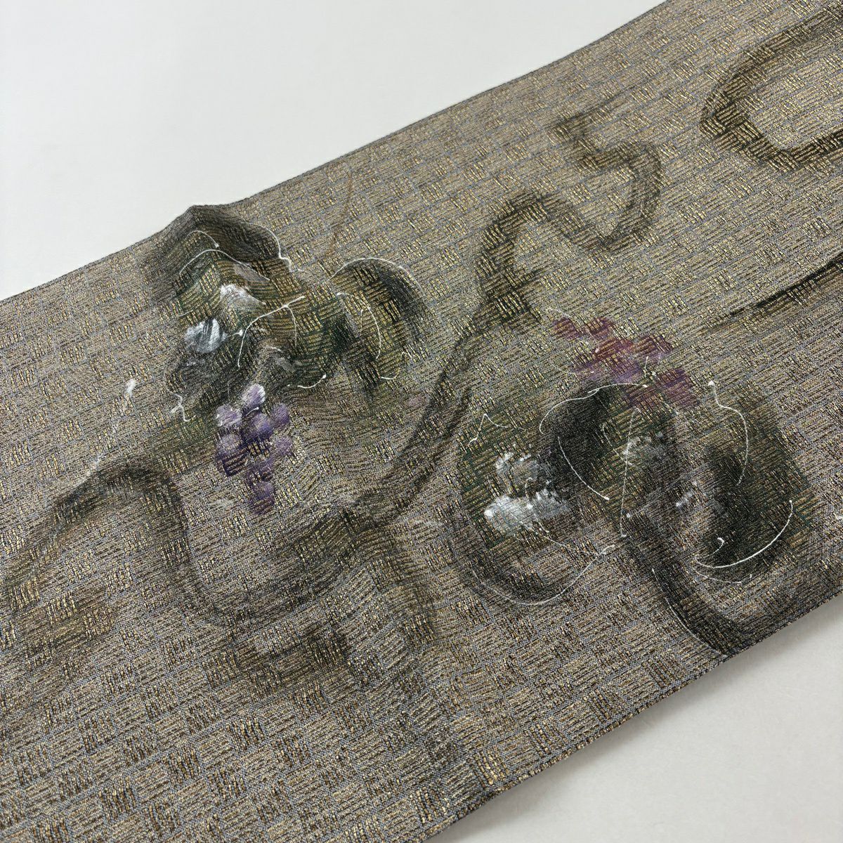 【美品】 袋帶 秀品級 葡萄 金絲 金色 大鼓圖案 純蠶絲