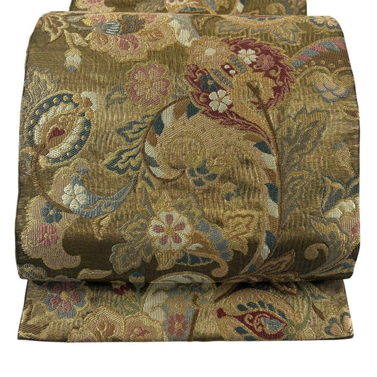 袋帶 秀品級 有落款 關西仕立 草花紋刺繡 金線 金茶 六通 純蠶絲