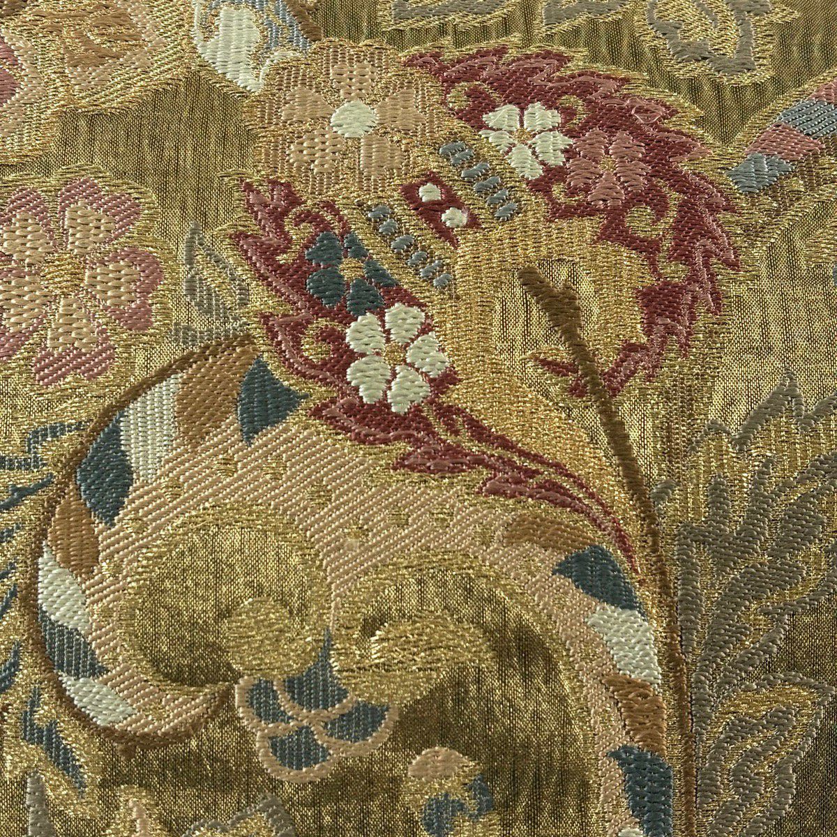 袋帶 秀品級 有落款 關西仕立 草花紋刺繡 金線 金茶 六通 純蠶絲