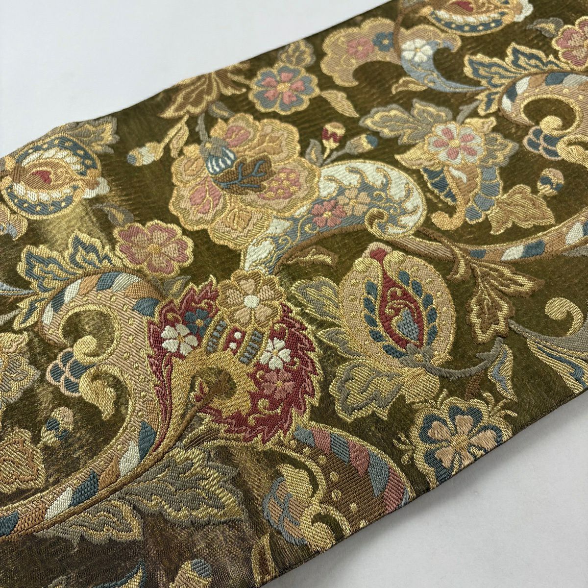 袋帶 秀品級 有落款 關西仕立 草花紋刺繡 金線 金茶 六通 純蠶絲