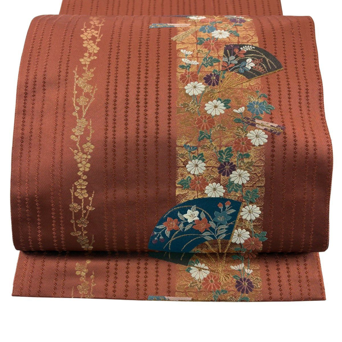 【美品】 袋帶 秀品級 扇子 秋草 金絲 金金箔 紅茶 大鼓圖案 純蠶絲