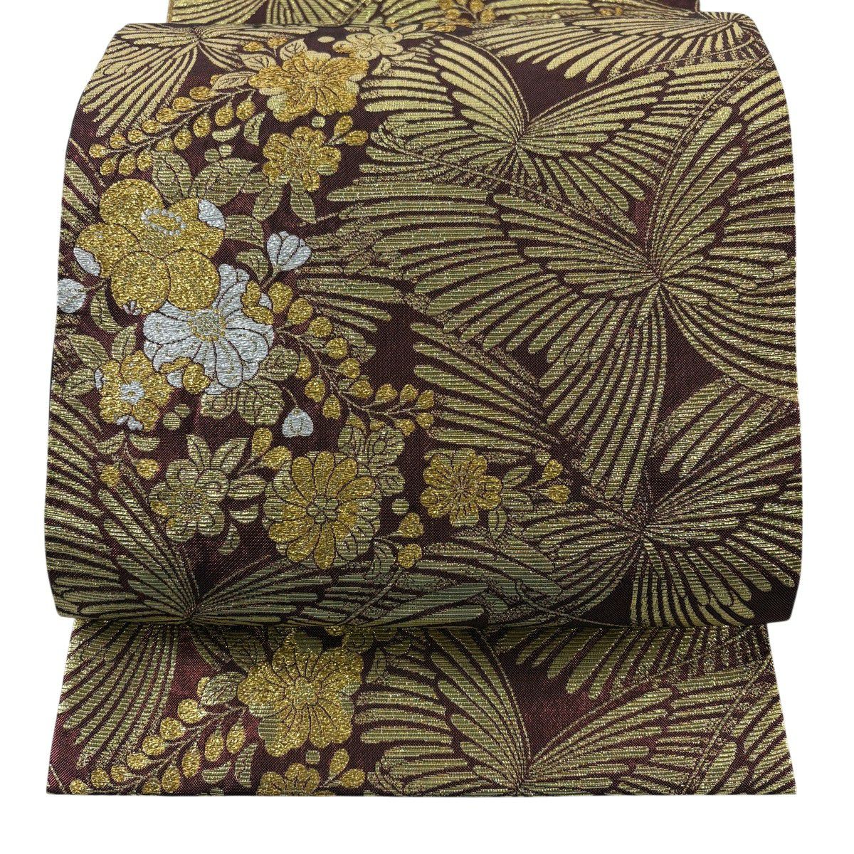 【美品】 袋帶 秀品級 蝶 辻花染 金金箔 茶 六通 純蠶絲