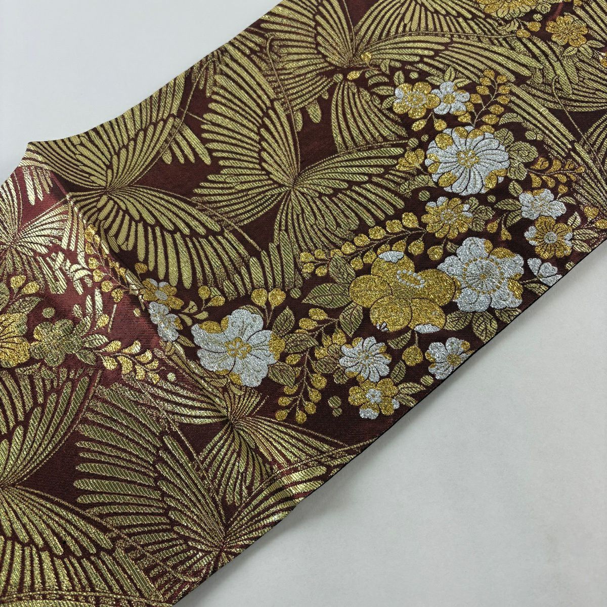 【美品】 袋帶 秀品級 蝶 辻花染 金金箔 茶 六通 純蠶絲