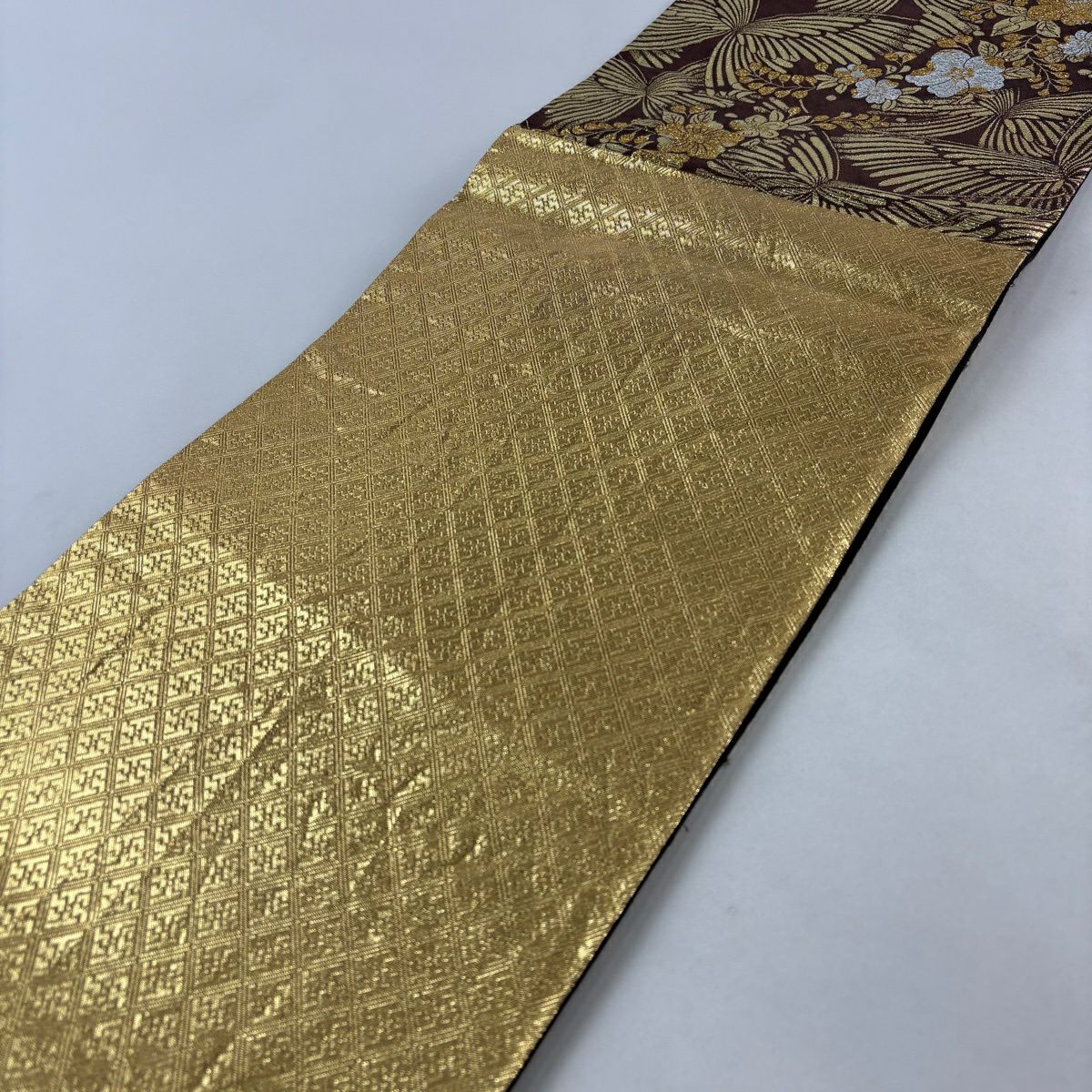 【美品】 袋帶 秀品級 蝶 辻花染 金金箔 茶 六通 純蠶絲