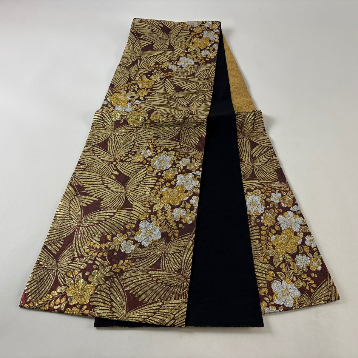 【美品】 袋帶 秀品級 蝶 辻花染 金金箔 茶 六通 純蠶絲
