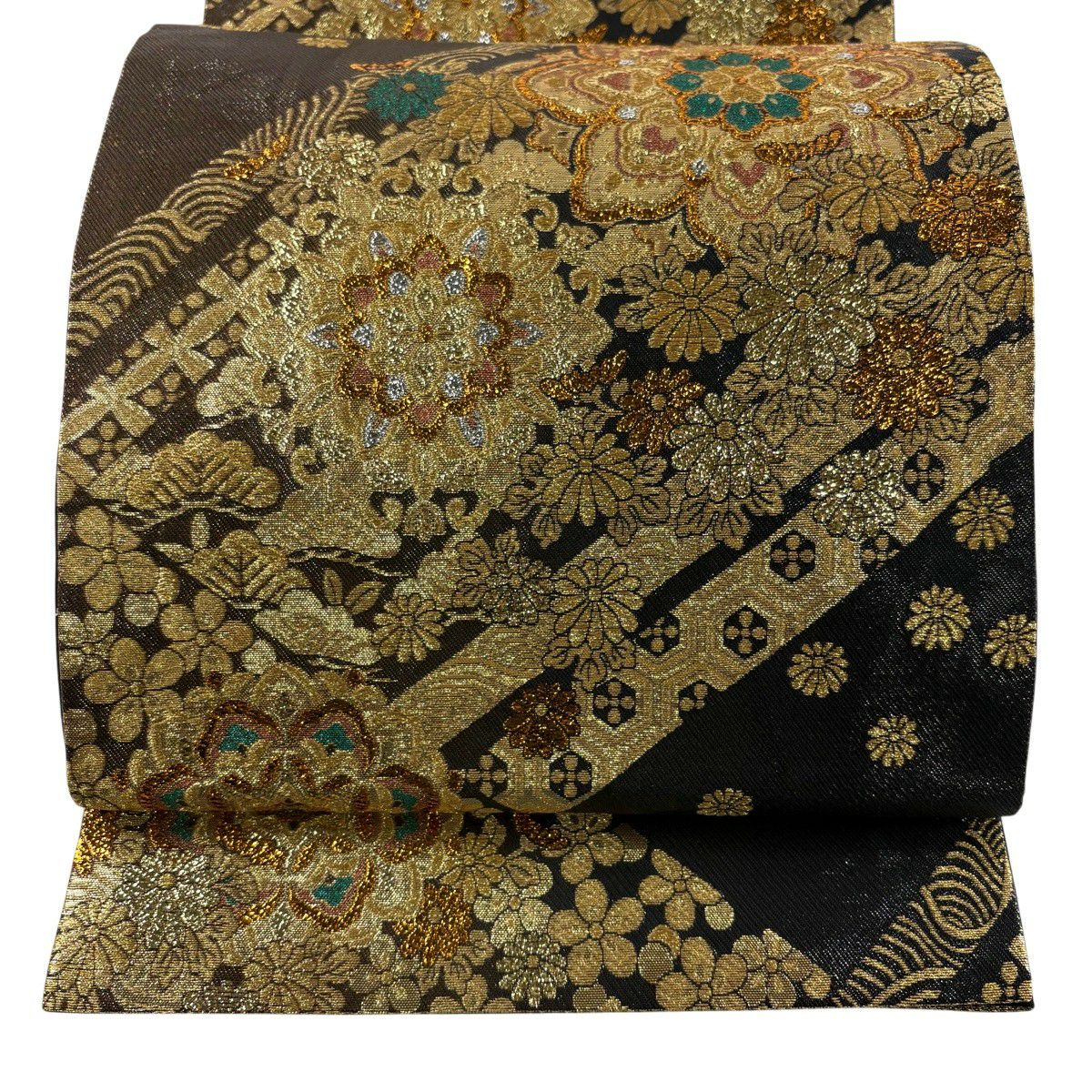袋帶 秀品級 華紋 松樹梅花 金絲 金金箔 金色 六通 純蠶絲
