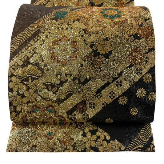 袋帶 秀品級 華紋 松樹梅花 金絲 金金箔 金色 六通 純蠶絲