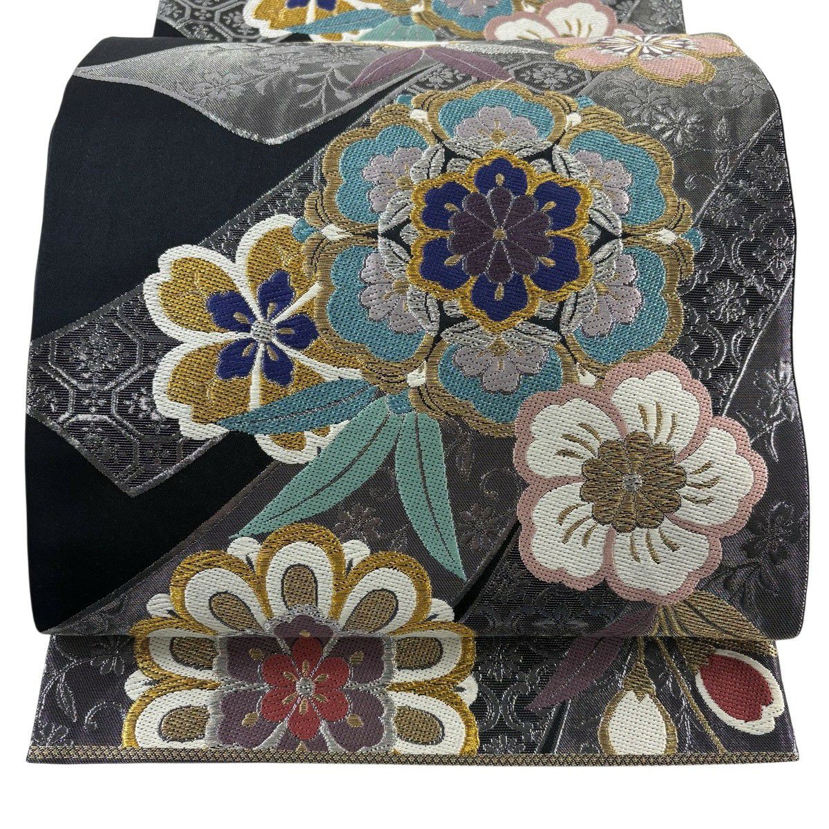 【美品】 袋帶 秀品級 附有落款 振袖禮服禮服適用 櫻花 熨斗紋 唐織 金銀絲 黑色 六通 純蠶絲