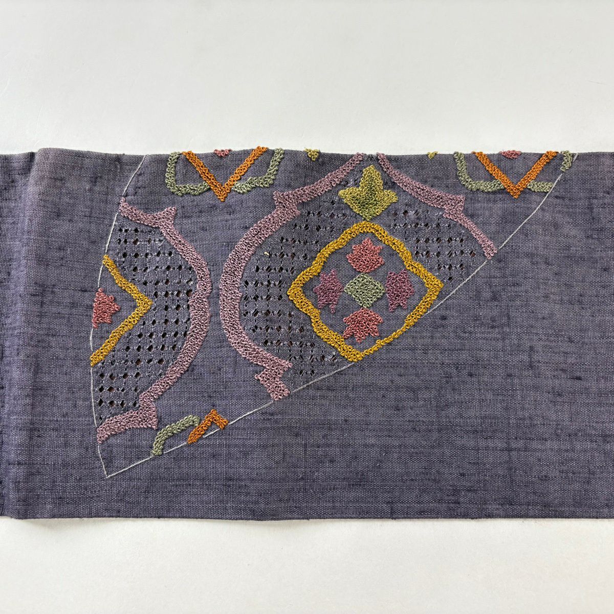 名古屋帶 秀品級 紬織織 草花紋紋 刺繡 紫 純蠶絲