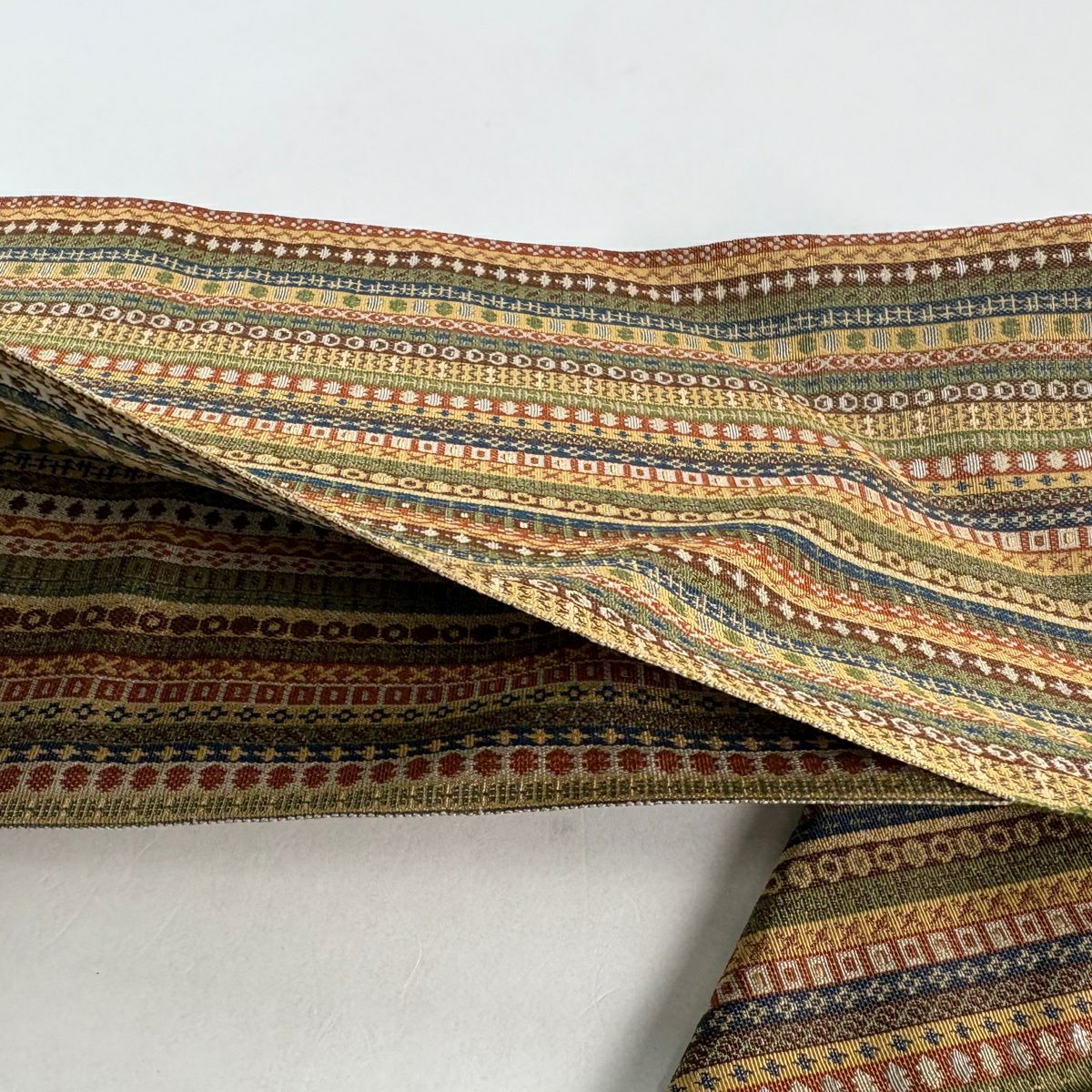 【美品】 名古屋帶 秀品級 條紋 圓文 山吹茶 純蠶絲
