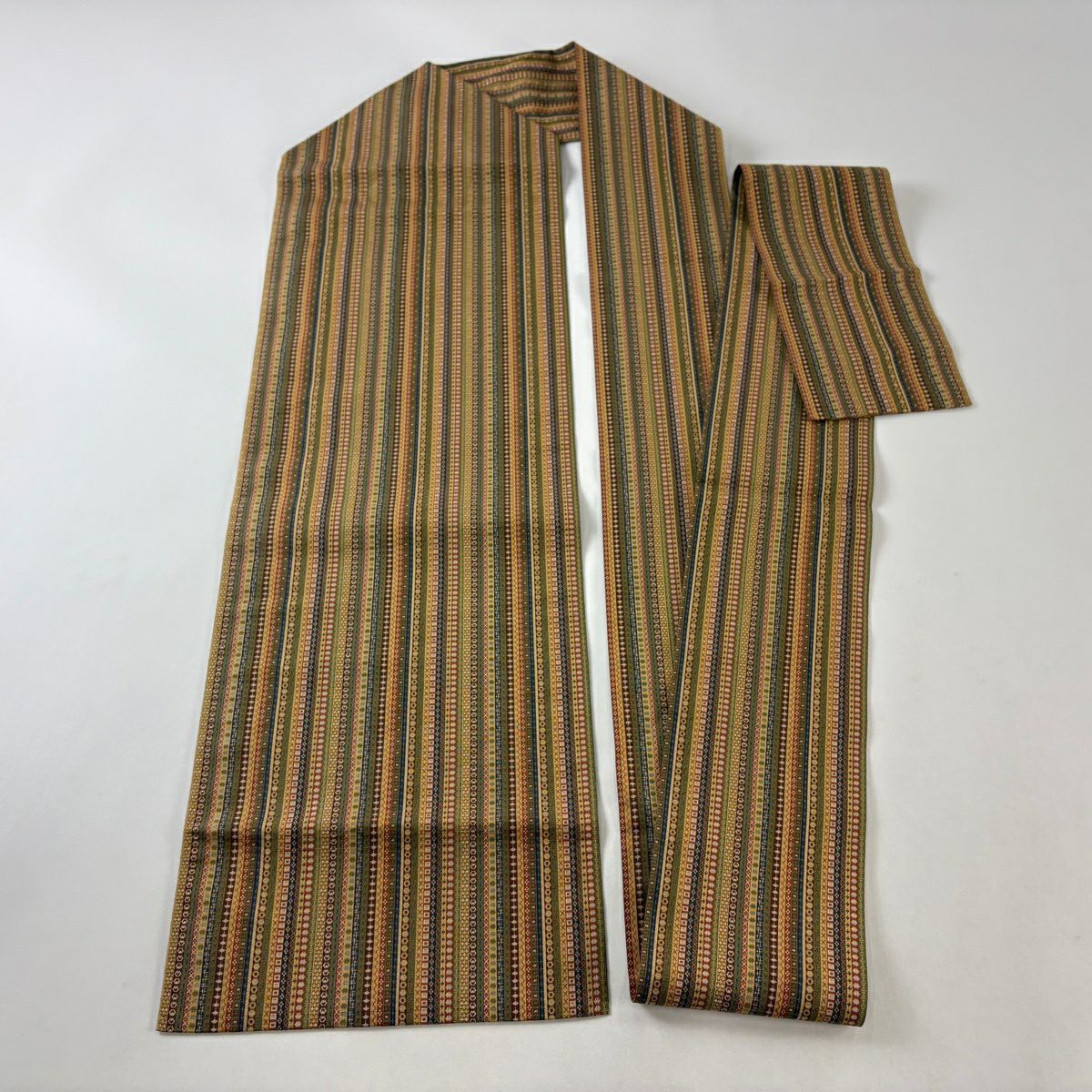 【美品】 名古屋帶 秀品級 條紋 圓文 山吹茶 純蠶絲
