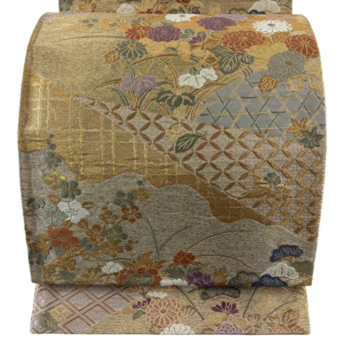 【美品】 袋帶 秀品級 秋草 有職紋樣 金絲 金金箔 金色 六通 純蠶絲