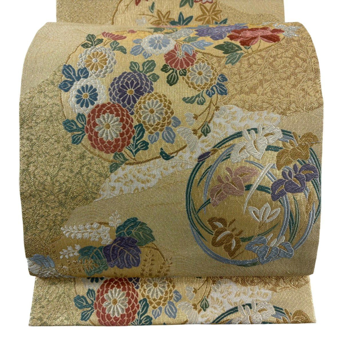 【美品】 袋帶 秀品級 桃山花丸紋 菊花花 金銀彩 金金箔 金色 六通 純蠶絲