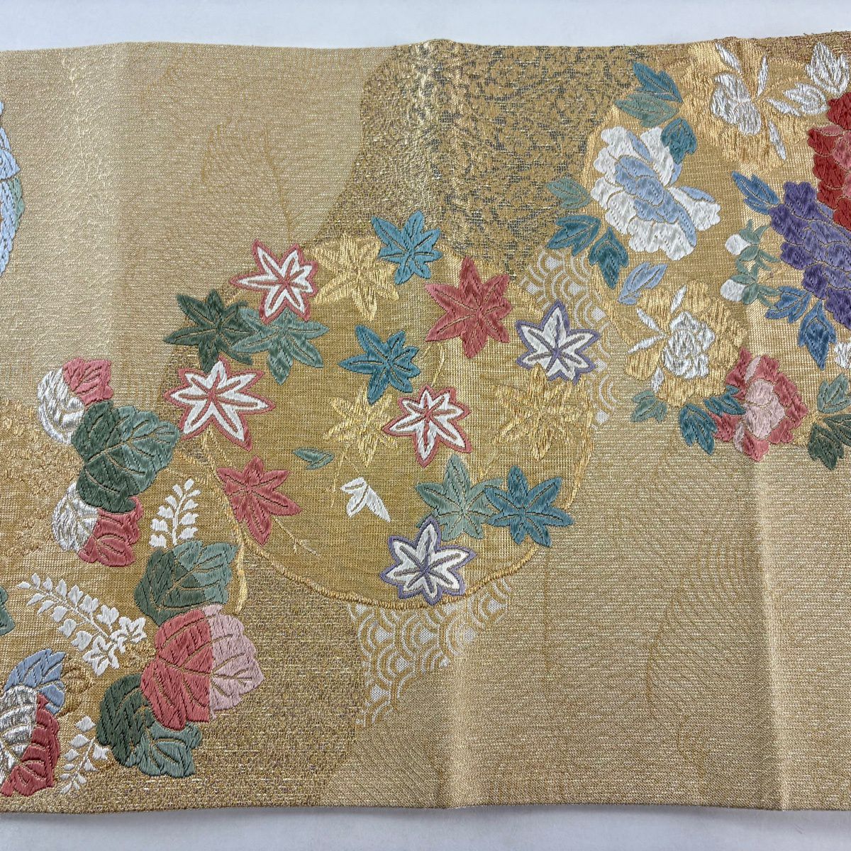 【美品】 袋帶 秀品級 桃山花丸紋 菊花花 金銀彩 金金箔 金色 六通 純蠶絲