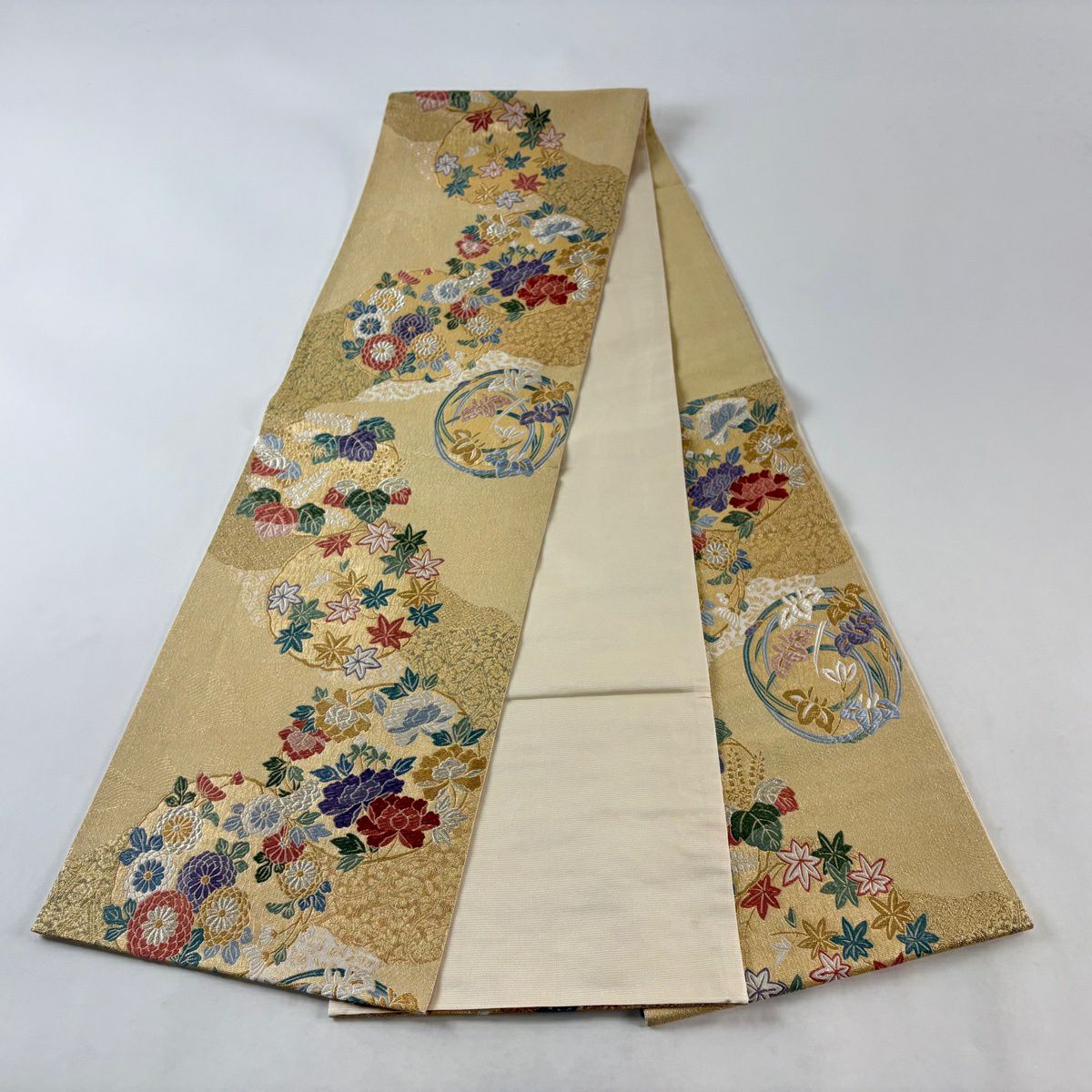 【美品】 袋帶 秀品級 桃山花丸紋 菊花花 金銀彩 金金箔 金色 六通 純蠶絲