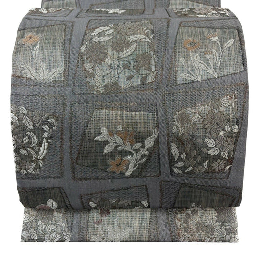 袋帶 秀品級 草花紋紋 銀線 刺繡 灰 深藍 六通 純蠶絲