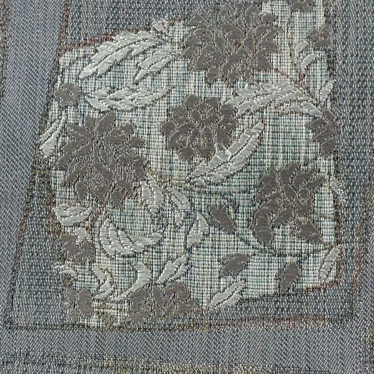 袋帶 秀品級 草花紋紋 銀線 刺繡 灰 深藍 六通 純蠶絲