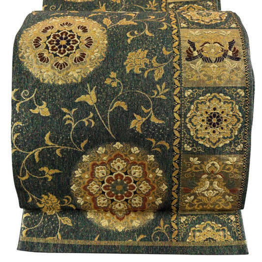 袋帶 秀品級 華紋 草花紋紋 金絲 金金箔 深綠 六通 純蠶絲