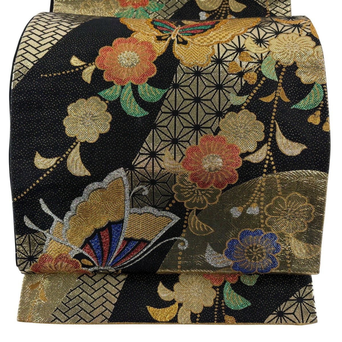 【美品】 袋帶 秀品級 蝶 櫻花 金金箔 金絲 黑 六通 純蠶絲