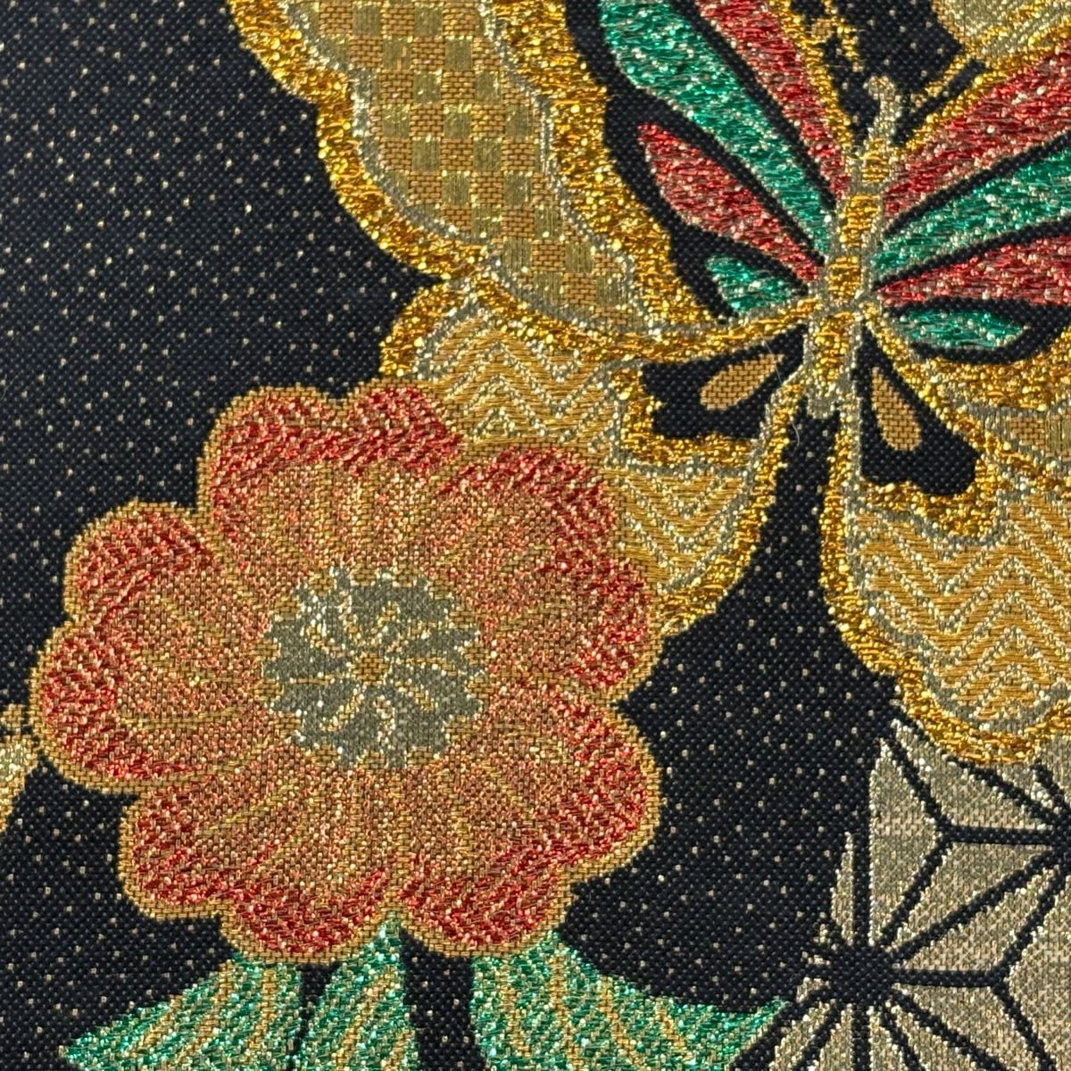 【美品】 袋帶 秀品級 蝶 櫻花 金金箔 金絲 黑 六通 純蠶絲