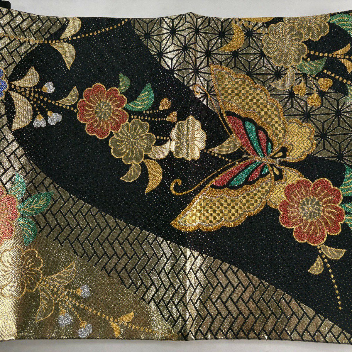 【美品】 袋帶 秀品級 蝶 櫻花 金金箔 金絲 黑 六通 純蠶絲