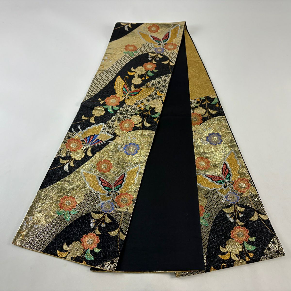 【美品】 袋帶 秀品級 蝶 櫻花 金金箔 金絲 黑 六通 純蠶絲