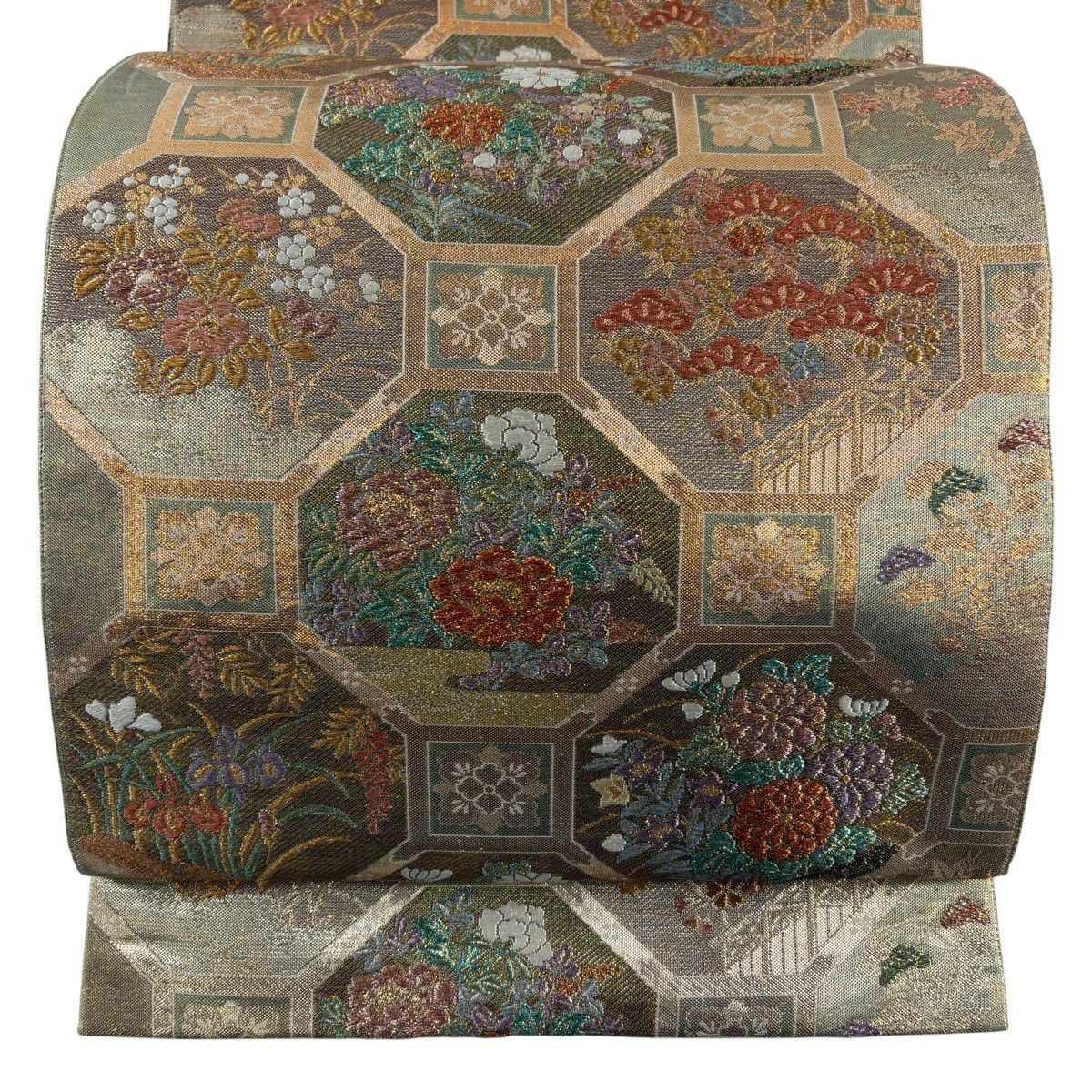 【美品】 袋帶 秀品級 輝煌綴 蜀江薫園文 草花紋紋 金糸 金金箔 鮭粉色 六通 純蠶絲