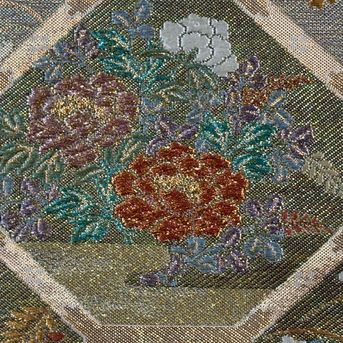 【美品】 袋帶 秀品級 輝煌綴 蜀江薫園文 草花紋紋 金糸 金金箔 鮭粉色 六通 純蠶絲