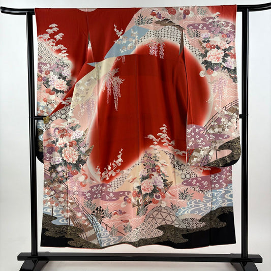 振袖禮服 身長153cm 袖長60cm S 雙層 橋 牡丹 金絲 金銀彩 紅 純蠶絲 秀品級