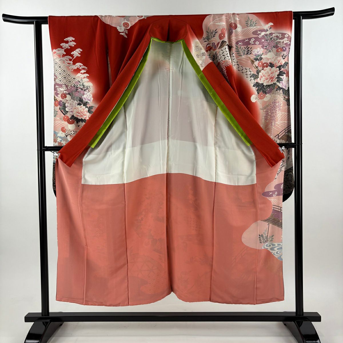 振袖禮服 身長153cm 袖長60cm S 雙層 橋 牡丹 金絲 金銀彩 紅 純蠶絲 秀品級