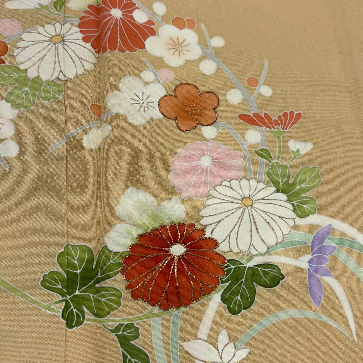 付下 身長157cm 袖長63.5cm S 雙層 花丸紋 菊花 金絲 金銀彩 米色 純蠶絲 優品級