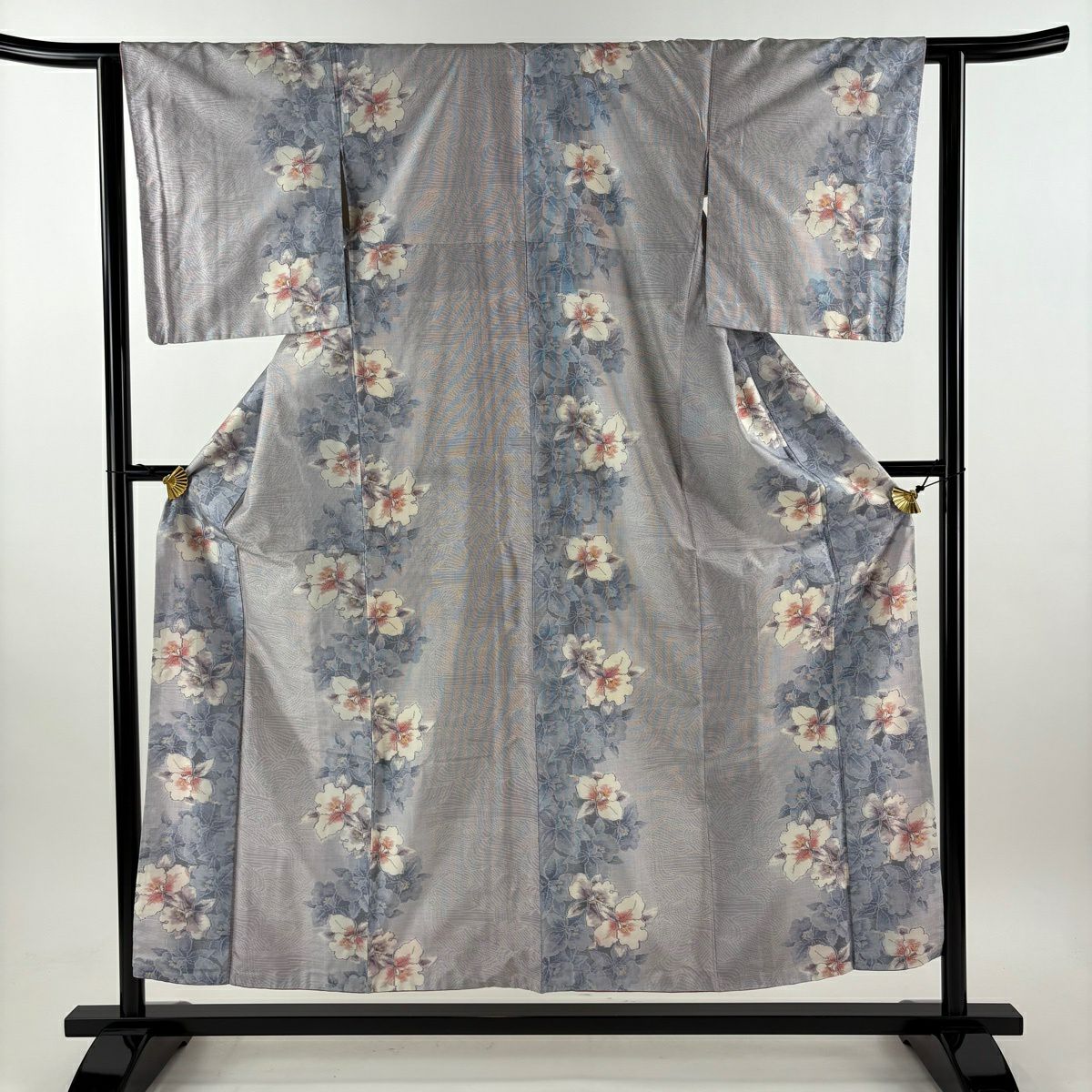【美品】 紬織 身長155cm 袖長62cm S 雙層 草花紋紋 波 薄紫 純蠶絲 秀品級