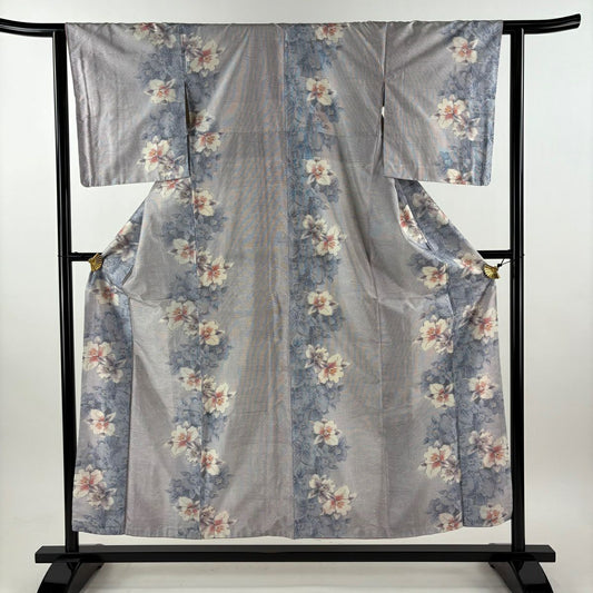 【美品】 紬織 身長155cm 袖長62cm S 雙層 草花紋紋 波 薄紫 純蠶絲 秀品級