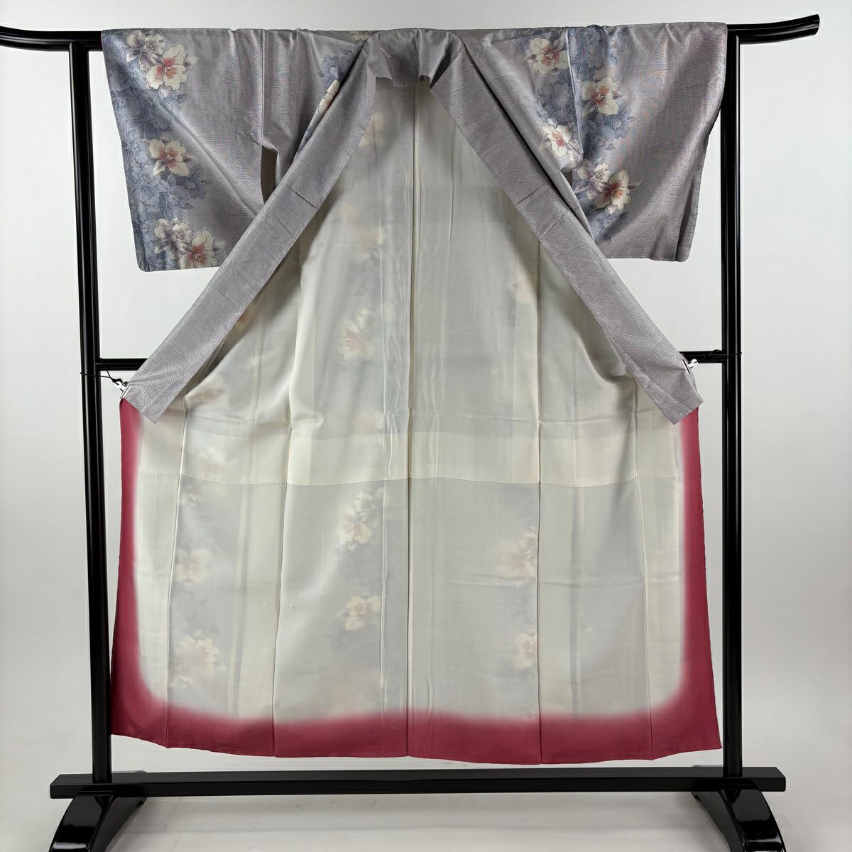 【美品】 紬織 身長155cm 袖長62cm S 雙層 草花紋紋 波 薄紫 純蠶絲 秀品級