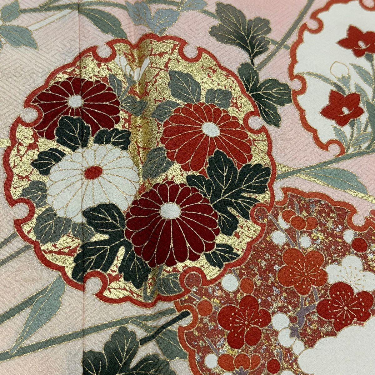 訪問服 身長155cm 袖長64cm M 雙層 雪輪 草花紋紋 金彩裝飾 漸層 粉紅 純蠶絲 優品級
