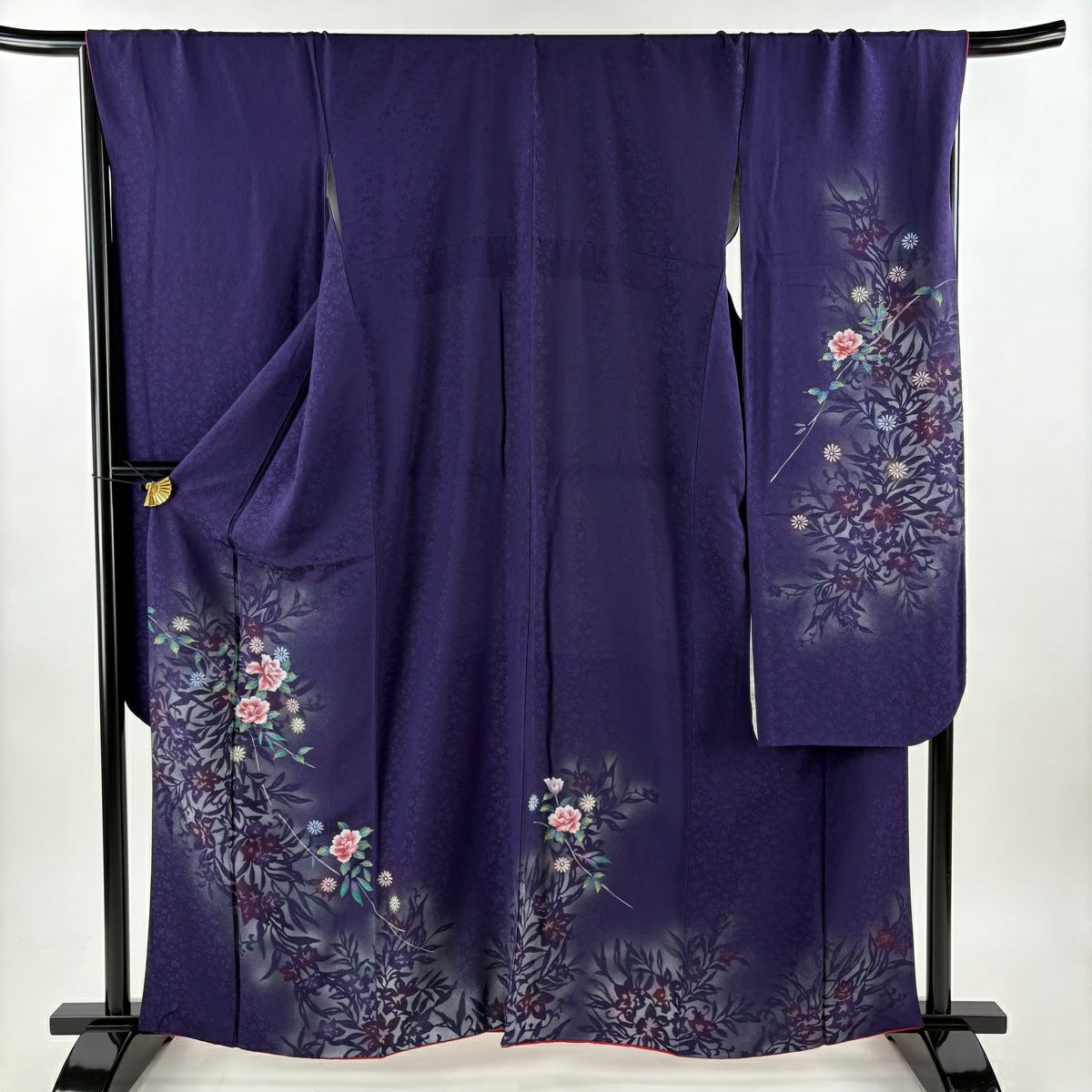 振袖禮服 身長162cm 袖長68cm L 雙層 草花紋紋 銀銀彩 漸層 深紫 純蠶絲 優品級