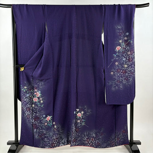 振袖禮服 身長162cm 袖長68cm L 雙層 草花紋紋 銀銀彩 漸層 深紫 純蠶絲 優品級