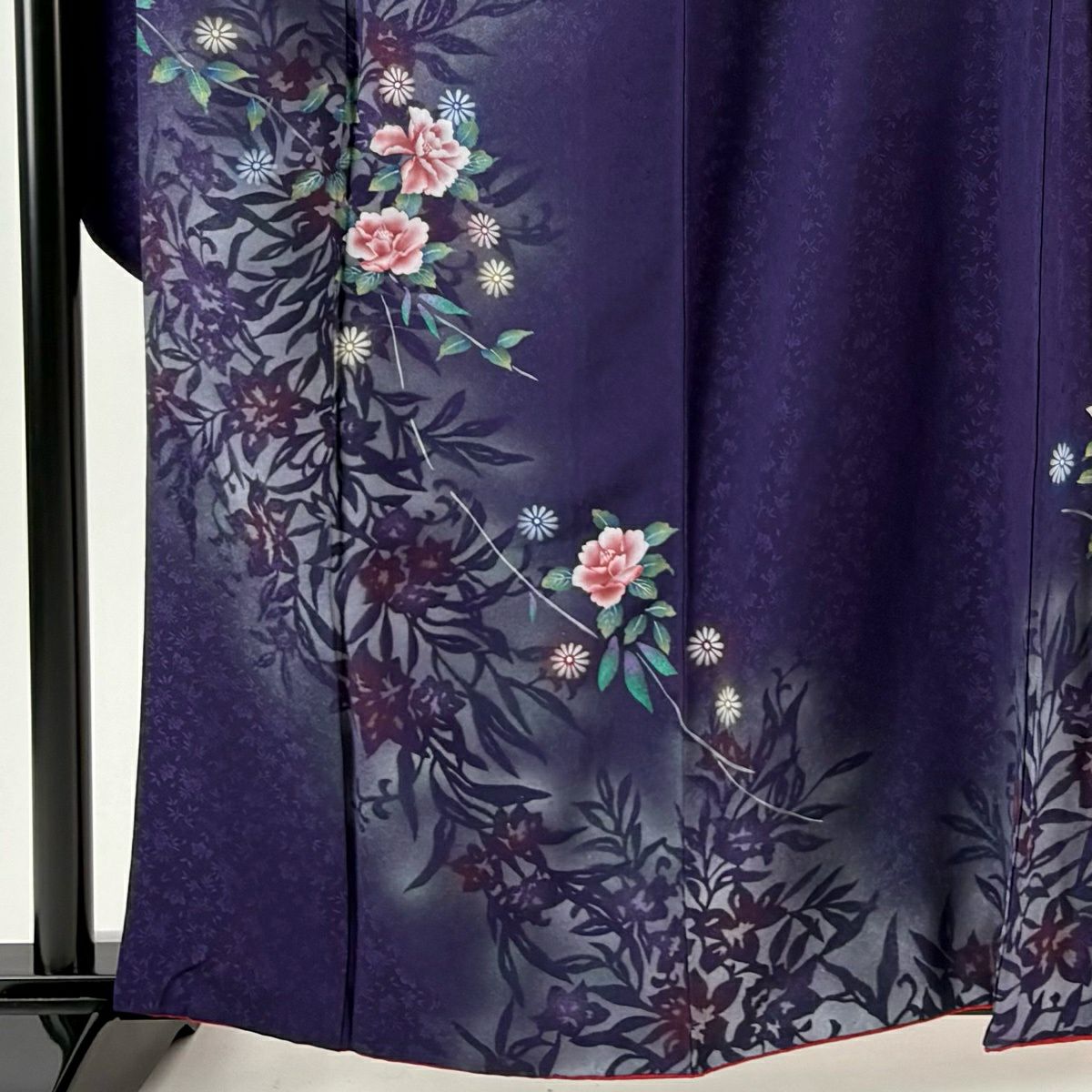 振袖禮服 身長162cm 袖長68cm L 雙層 草花紋紋 銀銀彩 漸層 深紫 純蠶絲 優品級