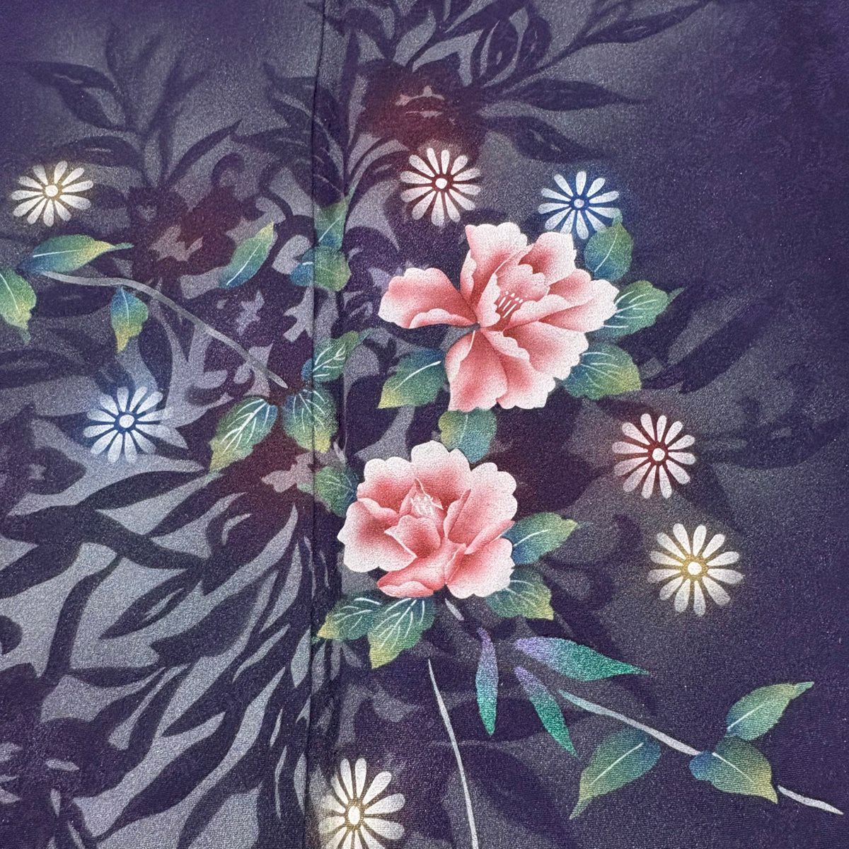 振袖禮服 身長162cm 袖長68cm L 雙層 草花紋紋 銀銀彩 漸層 深紫 純蠶絲 優品級