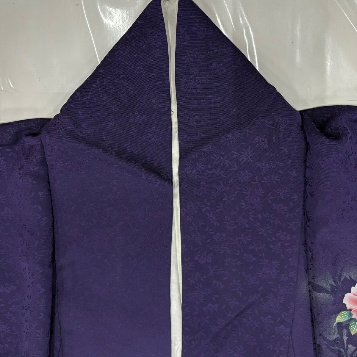 振袖禮服 身長162cm 袖長68cm L 雙層 草花紋紋 銀銀彩 漸層 深紫 純蠶絲 優品級