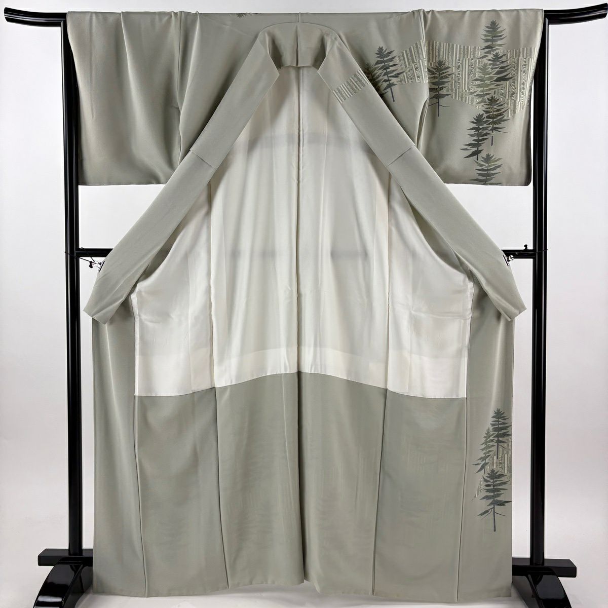 訪問服 身長166.5cm 袖長66cm M 雙層 落款有 樹木 縱條 金絲 灰綠 純蠶絲 優品級