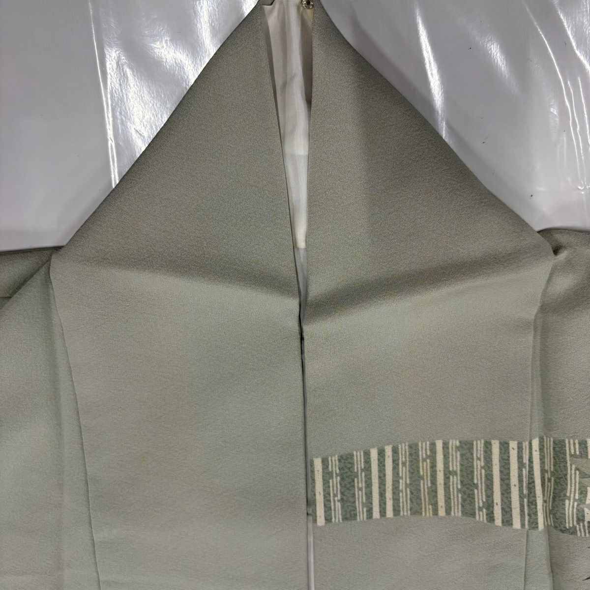 訪問服 身長166.5cm 袖長66cm M 雙層 落款有 樹木 縱條 金絲 灰綠 純蠶絲 優品級