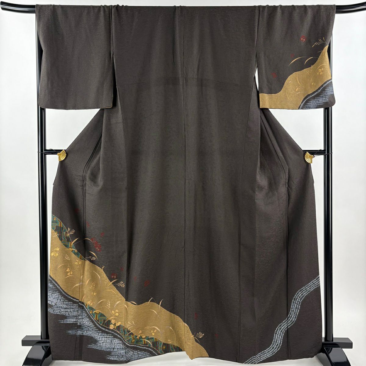 付下 身長164.5cm 袖長69cm L 雙層 色紙 唐草紋 金銀彩 絞染 焦茶 純蠶絲 秀品級