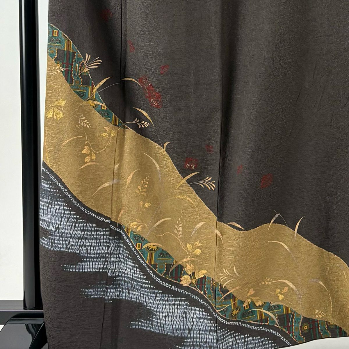 付下 身長164.5cm 袖長69cm L 雙層 色紙 唐草紋 金銀彩 絞染 焦茶 純蠶絲 秀品級