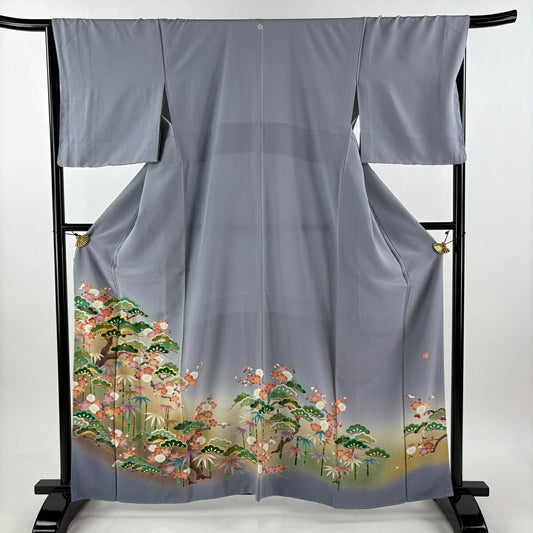 色留袖禮服 身長163.5cm 袖長67cm M 雙層 落款有 松樹竹子梅花 霞 金絲 金銀彩 灰紫 純蠶絲 秀品級 一個紋