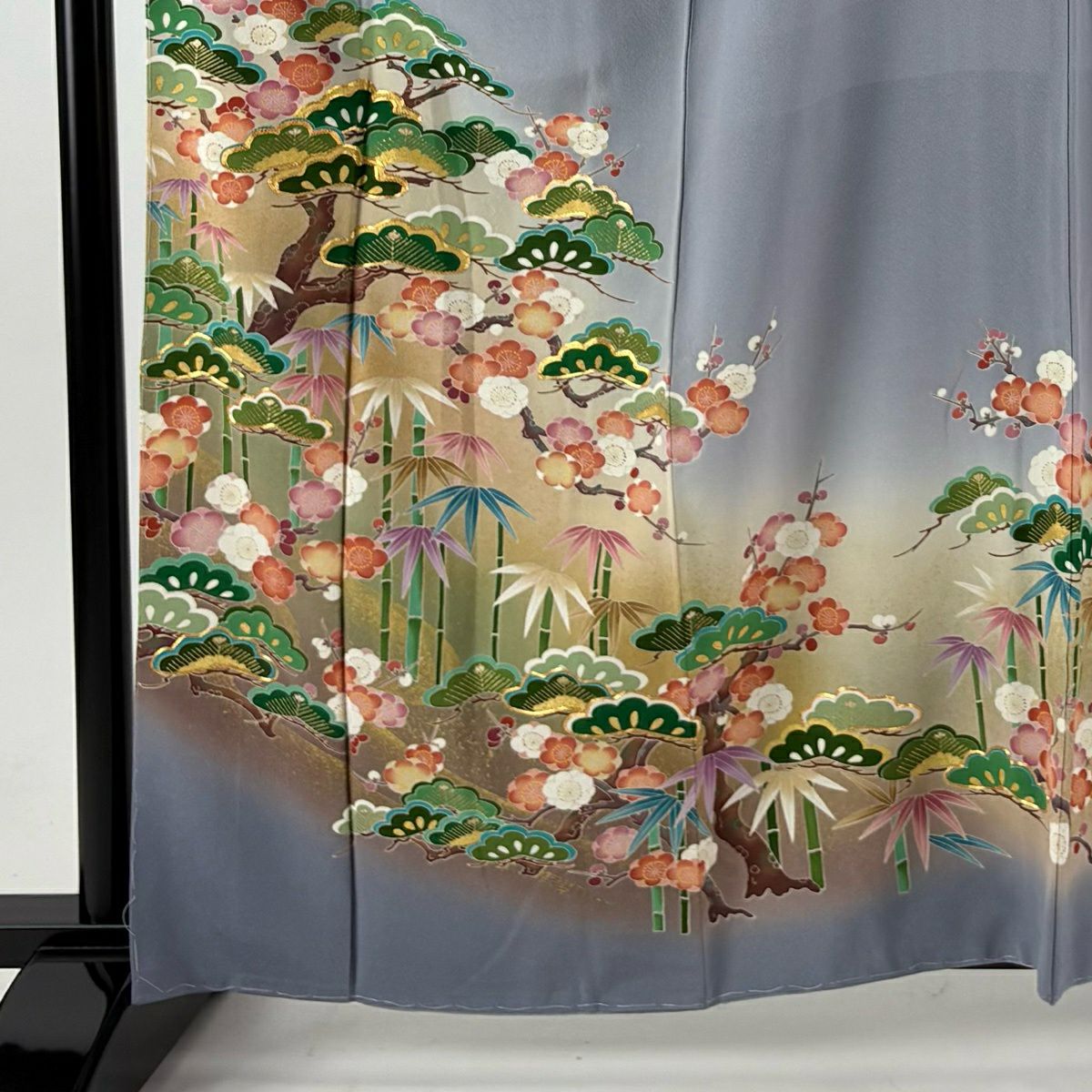 色留袖禮服 身長163.5cm 袖長67cm M 雙層 落款有 松樹竹子梅花 霞 金絲 金銀彩 灰紫 純蠶絲 秀品級 一個紋