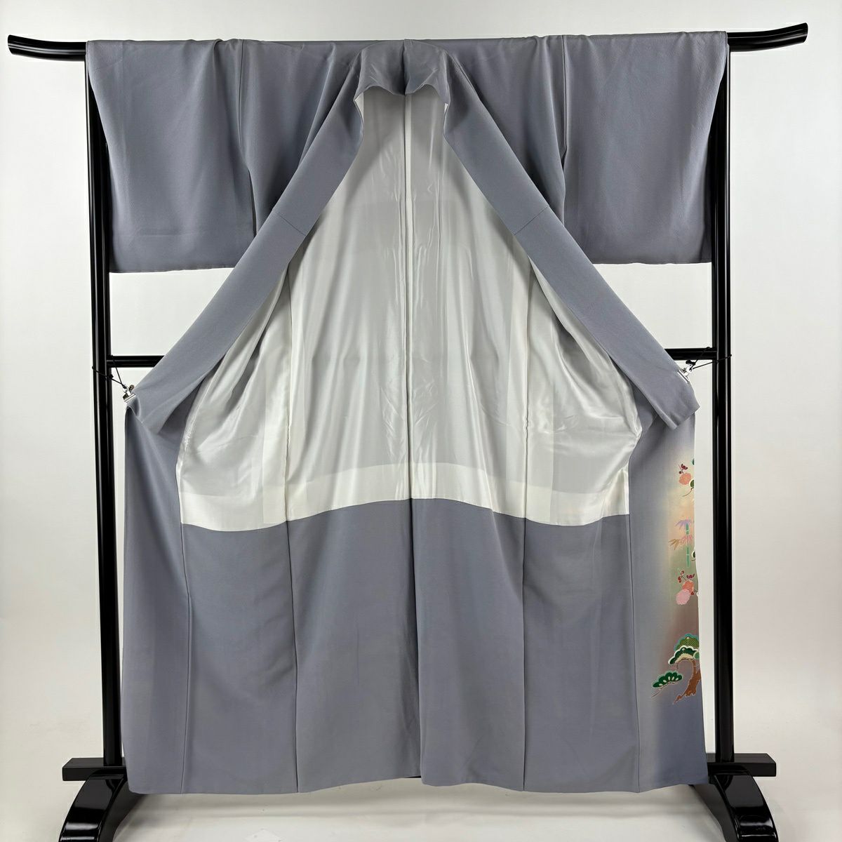 色留袖禮服 身長163.5cm 袖長67cm M 雙層 落款有 松樹竹子梅花 霞 金絲 金銀彩 灰紫 純蠶絲 秀品級 一個紋