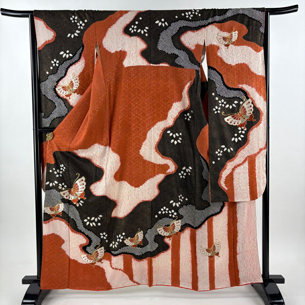 【美品】振袖禮服 身長162.5cm 袖長64cm M 雙層 蝶 梅花 絞染 刺繡 朱 純蠶絲 秀品級