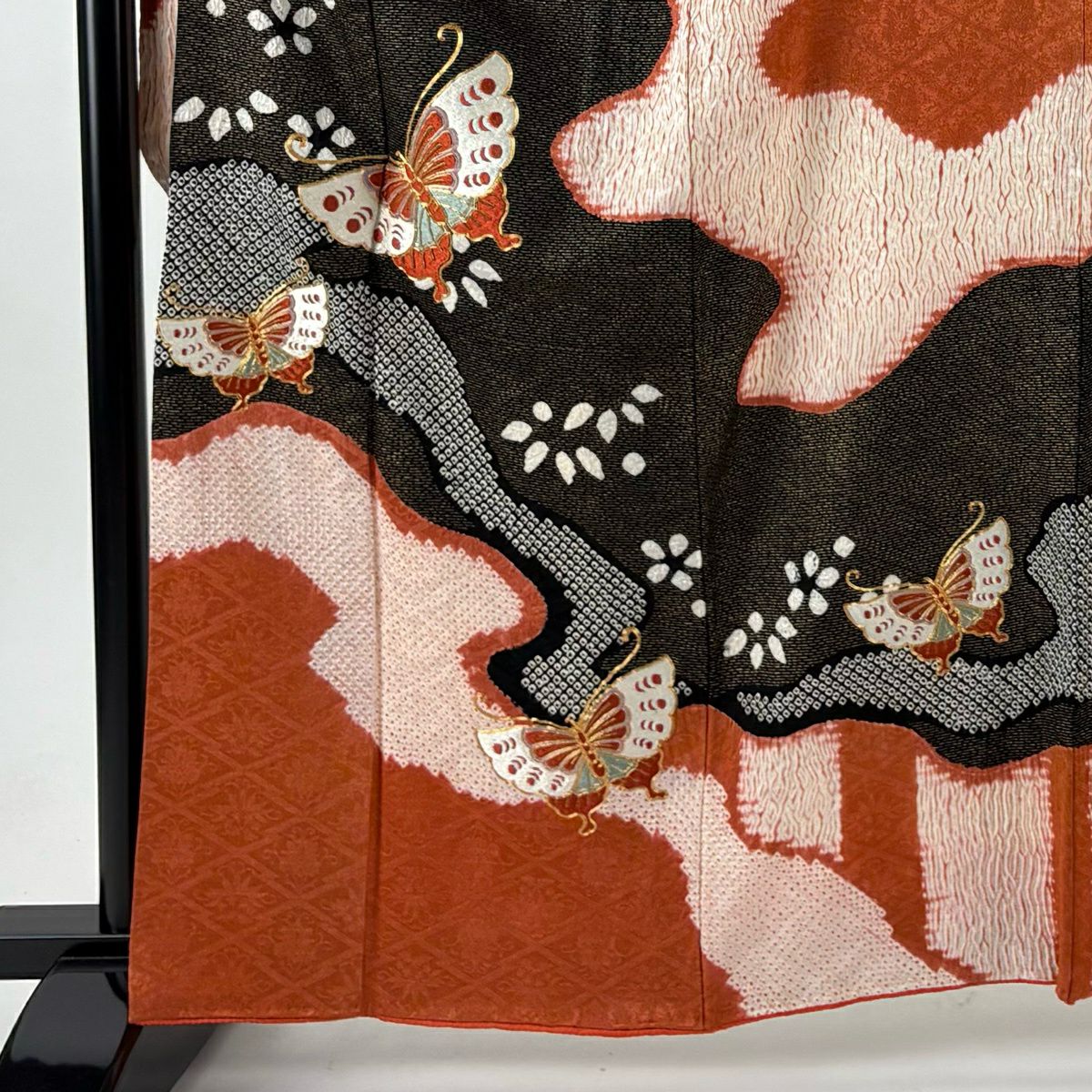 【美品】振袖禮服 身長162.5cm 袖長64cm M 雙層 蝶 梅花 絞染 刺繡 朱 純蠶絲 秀品級